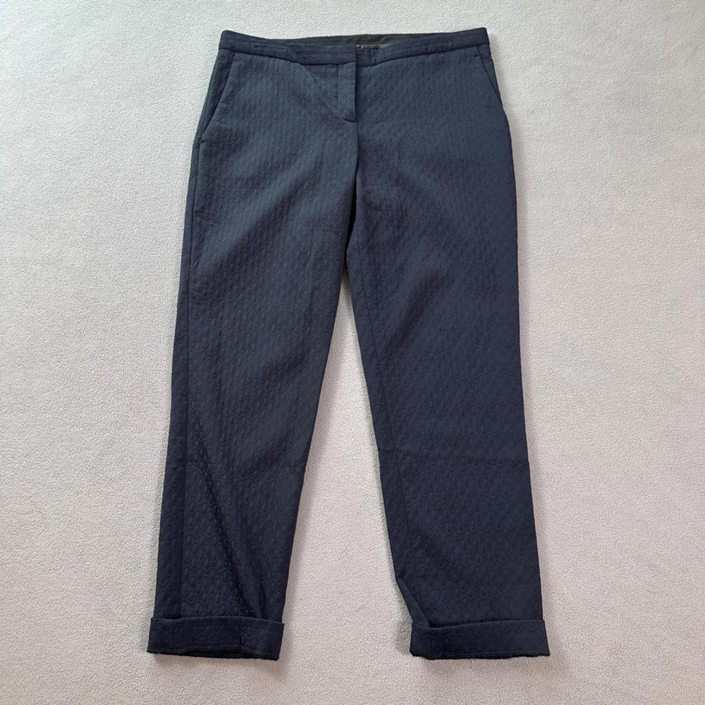 Theory Navy Blue Jacquard Wool Blend Cuffed Slim Trousers Pants 6 Made in USA